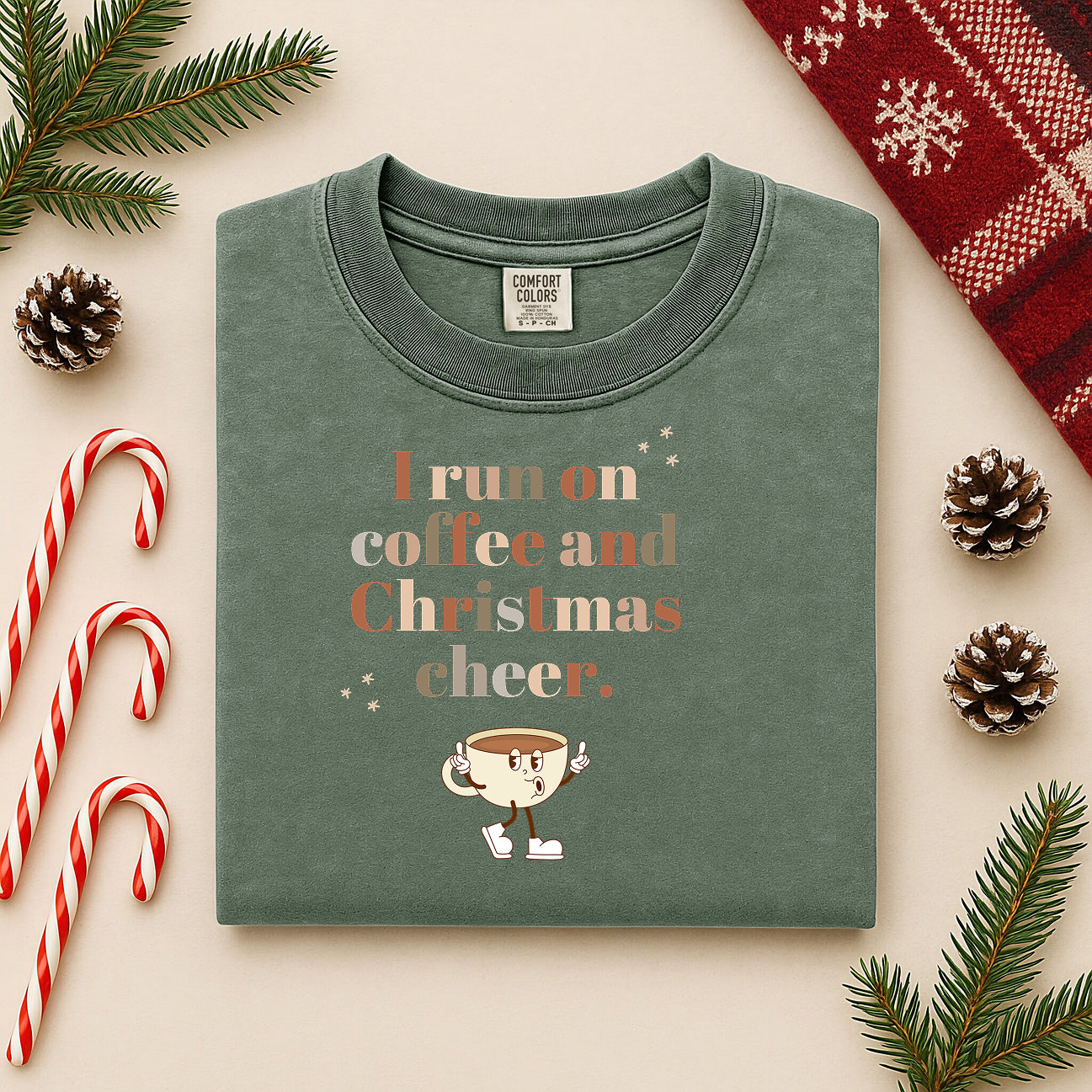 Retro 'I Run on Coffee and Christmas Cheer' T-Shirt — Vintage Coffee Cup Holiday Tee