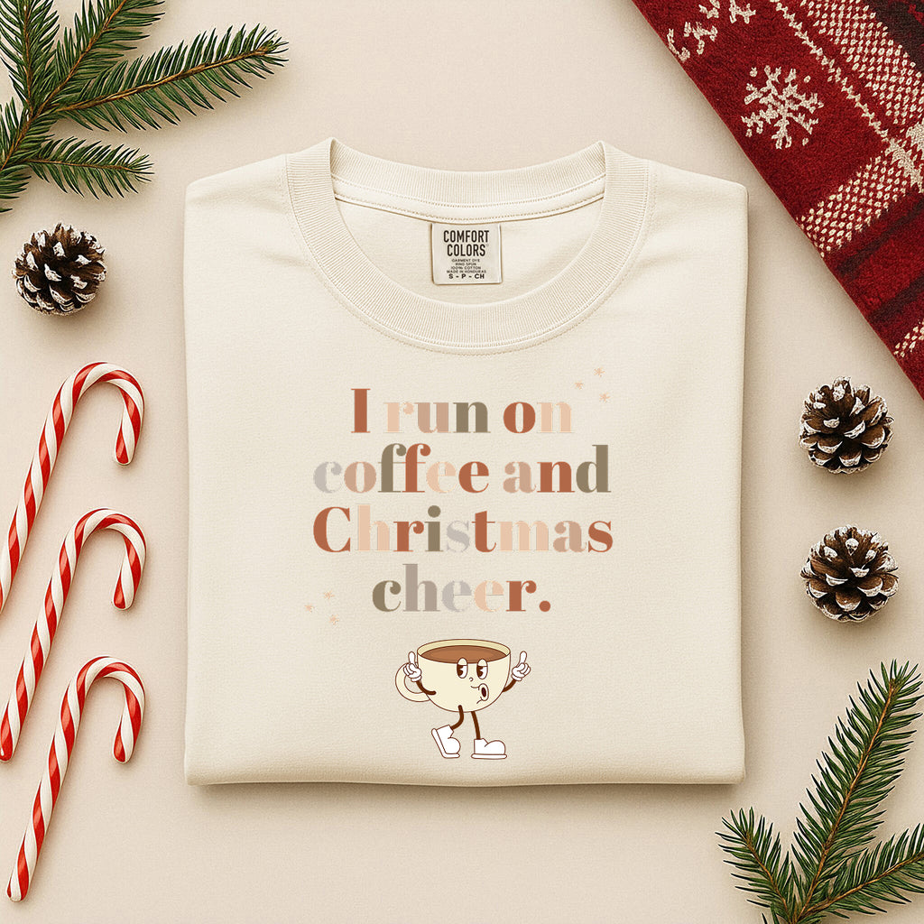 Retro 'I Run on Coffee and Christmas Cheer' T-Shirt — Vintage Coffee Cup Holiday Tee
