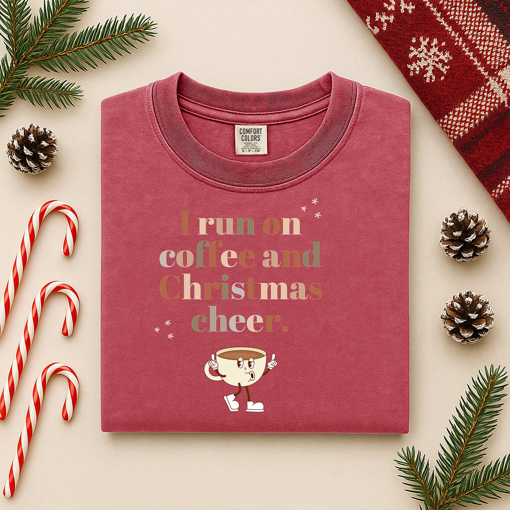 Retro 'I Run on Coffee and Christmas Cheer' T-Shirt — Vintage Coffee Cup Holiday Tee