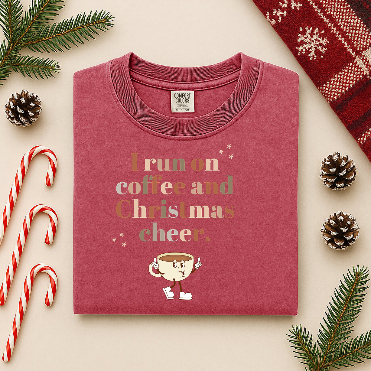 Retro 'I Run on Coffee and Christmas Cheer' T-Shirt — Vintage Coffee Cup Holiday Tee
