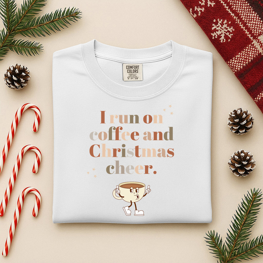 Retro 'I Run on Coffee and Christmas Cheer' T-Shirt — Vintage Coffee Cup Holiday Tee