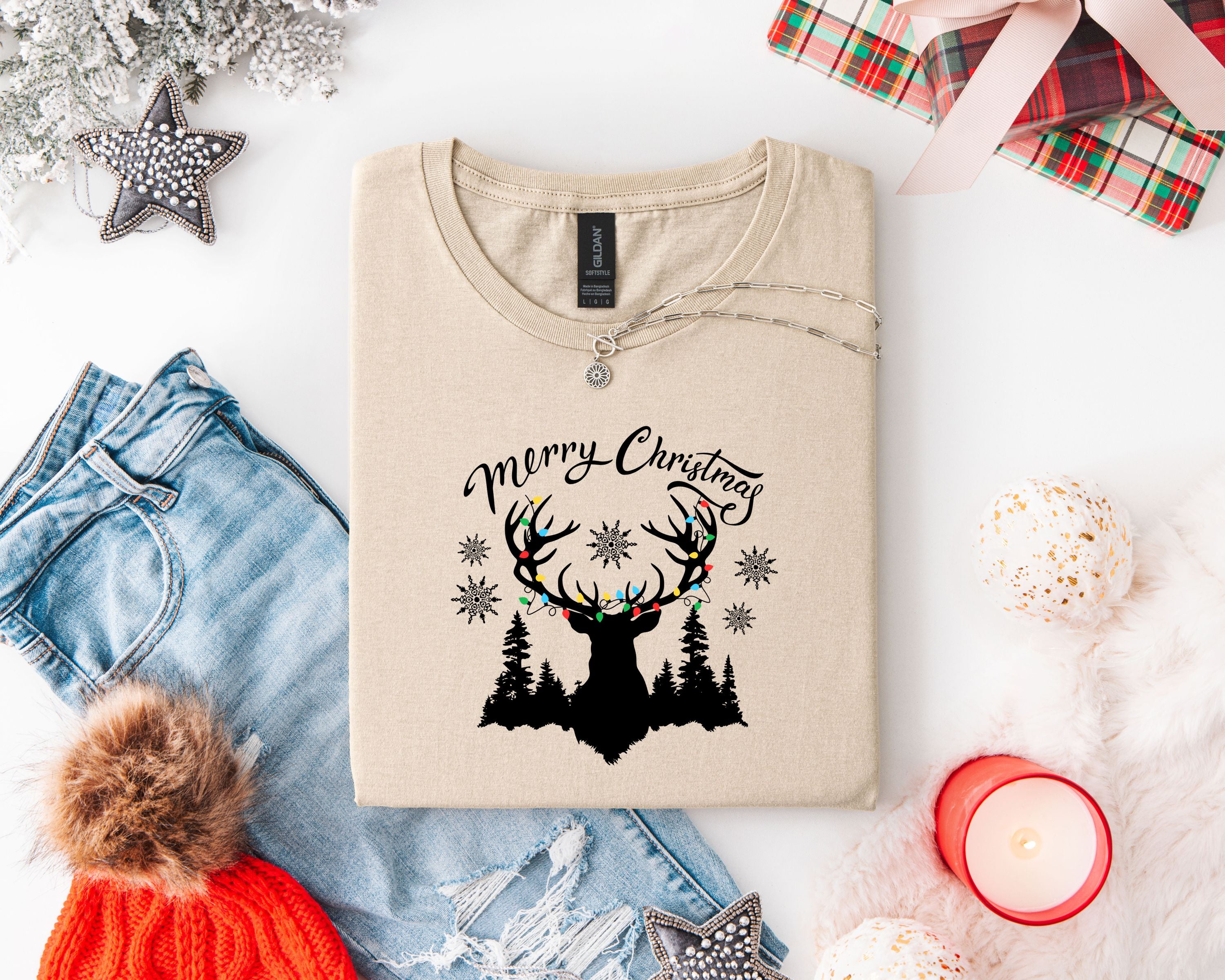 Christmas Elk Unisex T-Shirt with Antler Lights