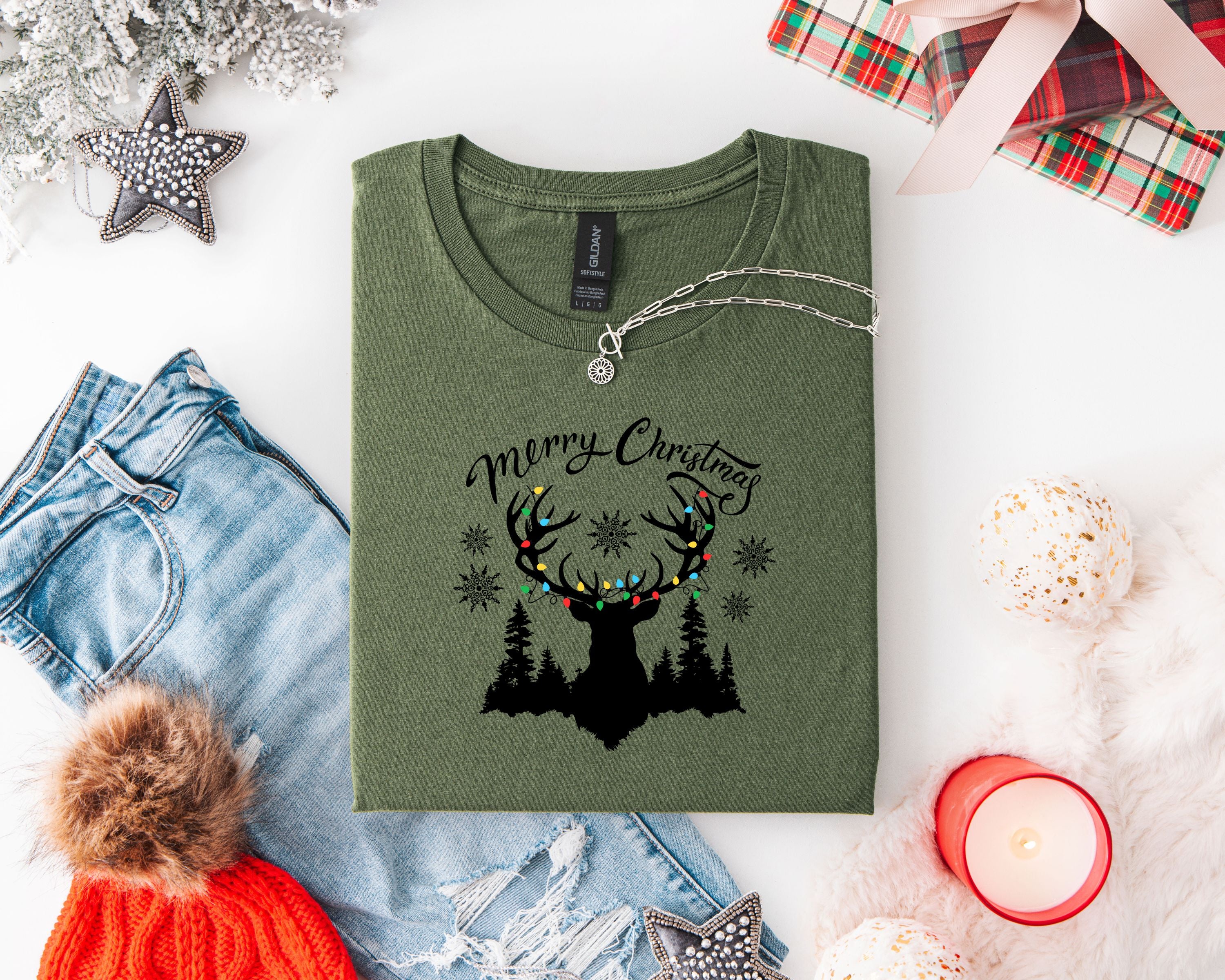 Christmas Elk Unisex T-Shirt with Antler Lights