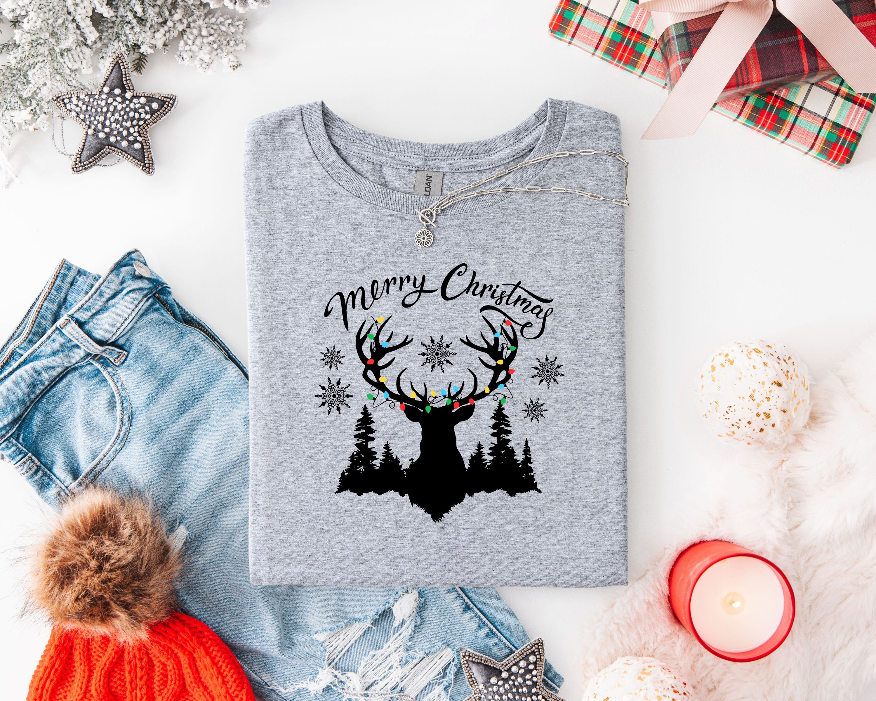 Christmas Elk Unisex T-Shirt with Antler Lights