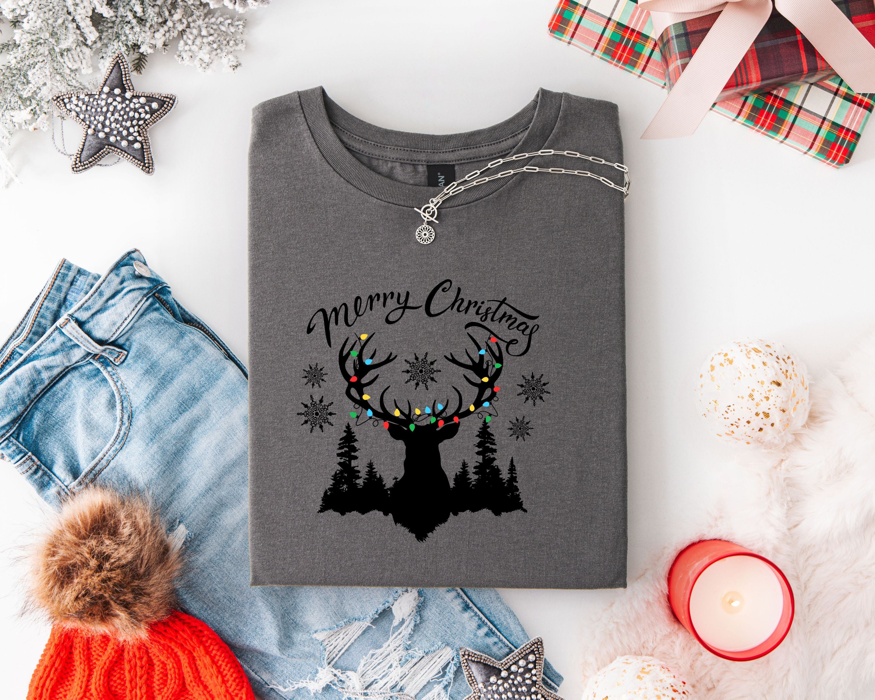 Christmas Elk Unisex T-Shirt with Antler Lights