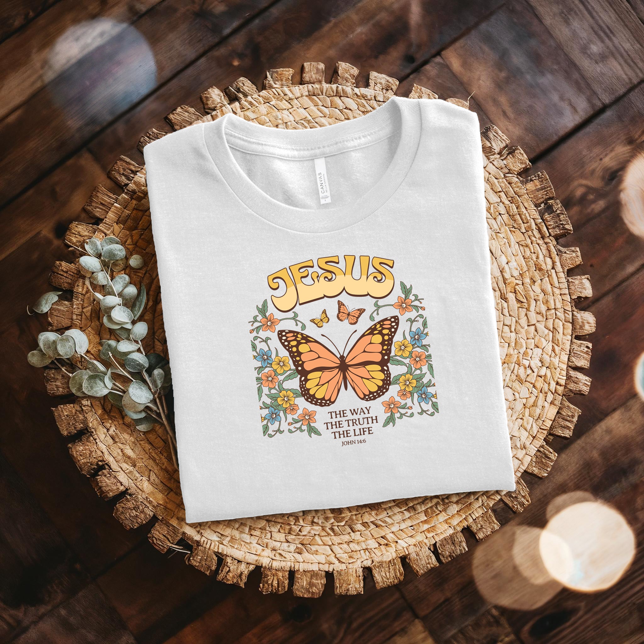 Jesus Butterfly Tee — "Jesus: The Way The Truth The Life" Christian Floral T‑Shirt Bella + Canvas 3001