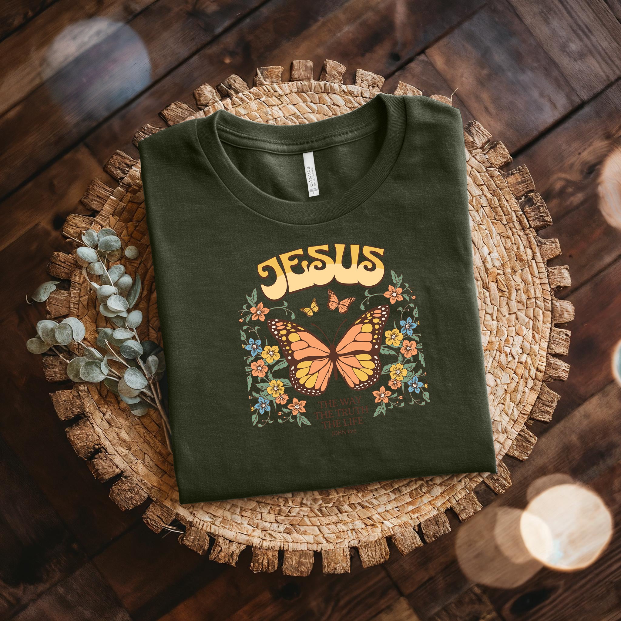 Jesus Butterfly Tee — "Jesus: The Way The Truth The Life" Christian Floral T‑Shirt Bella + Canvas 3001