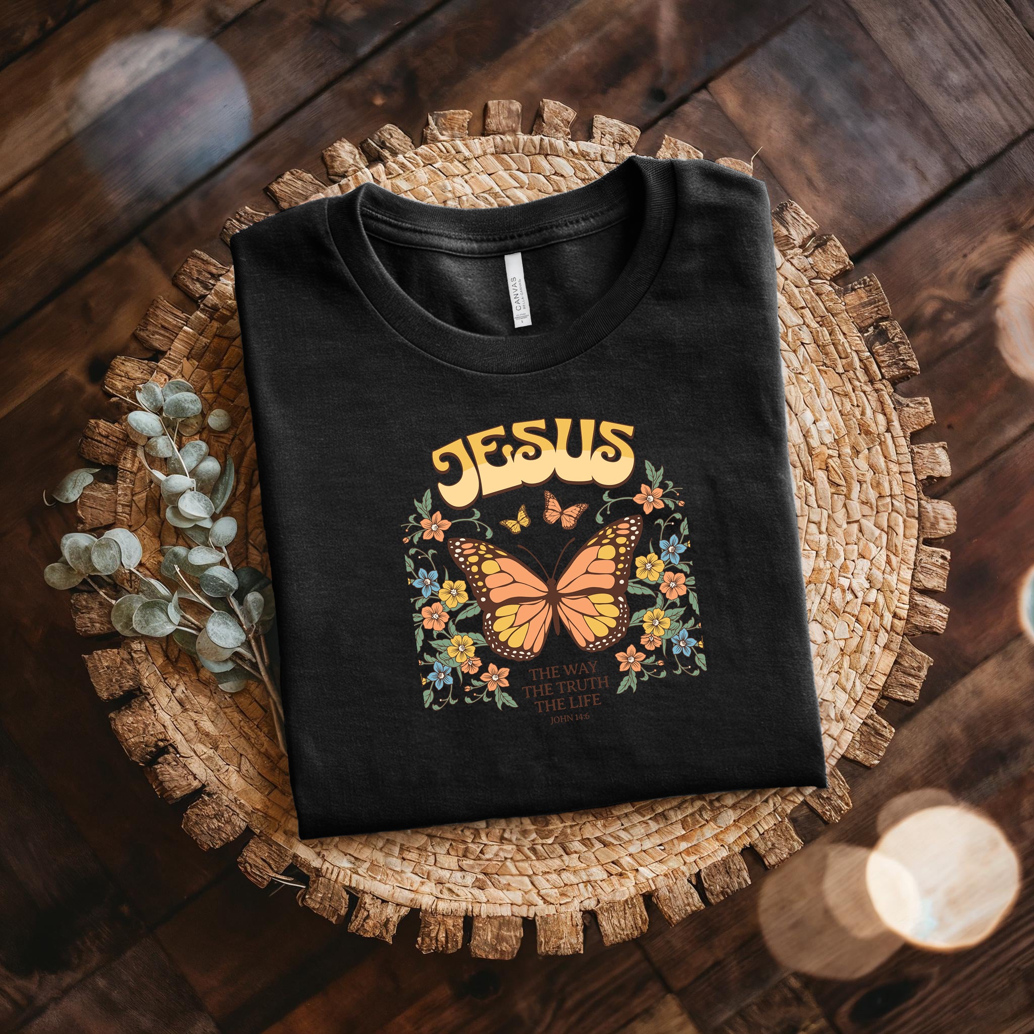 Jesus Butterfly Tee — "Jesus: The Way The Truth The Life" Christian Floral T‑Shirt Bella + Canvas 3001