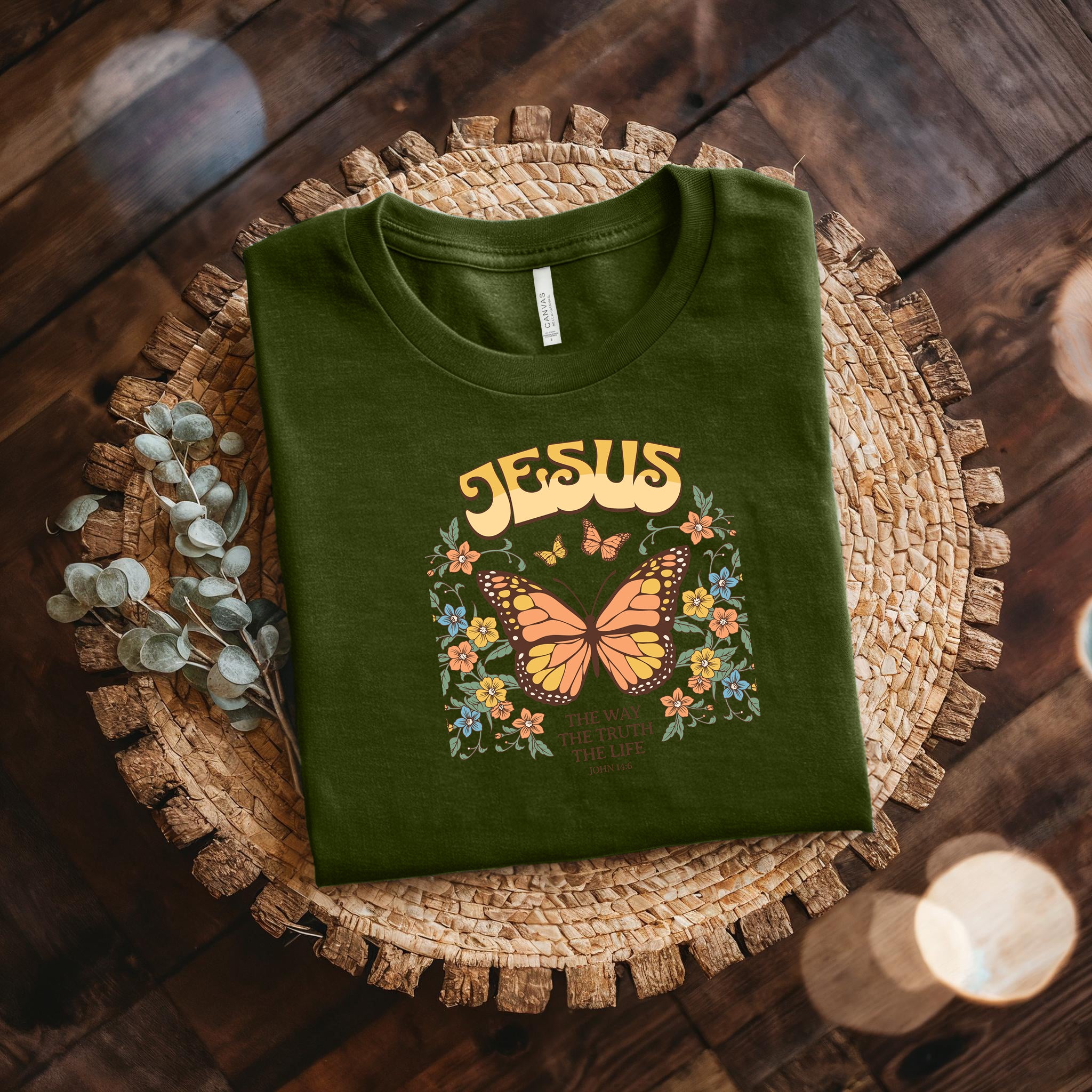 Jesus Butterfly Tee — "Jesus: The Way The Truth The Life" Christian Floral T‑Shirt Bella + Canvas 3001
