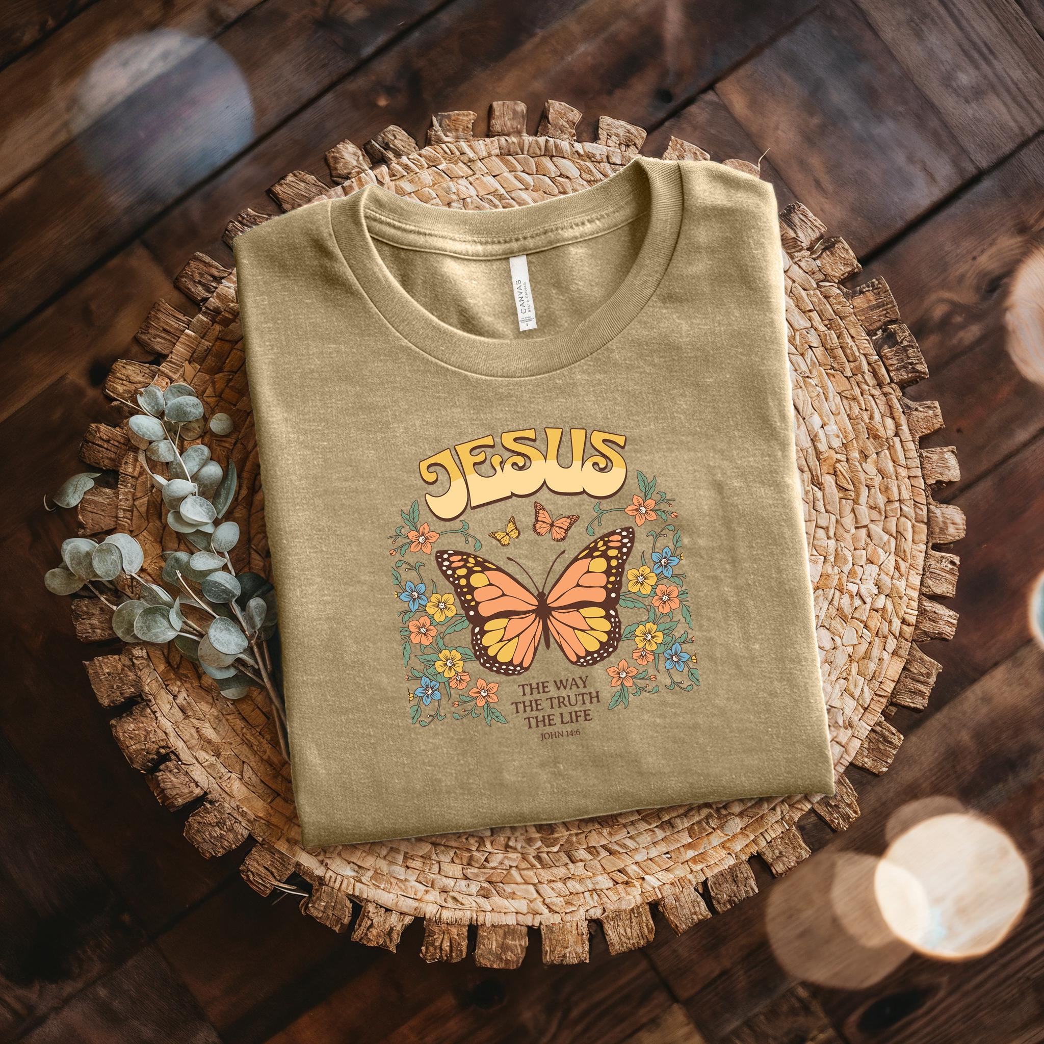 Jesus Butterfly Tee — "Jesus: The Way The Truth The Life" Christian Floral T‑Shirt Bella + Canvas 3001