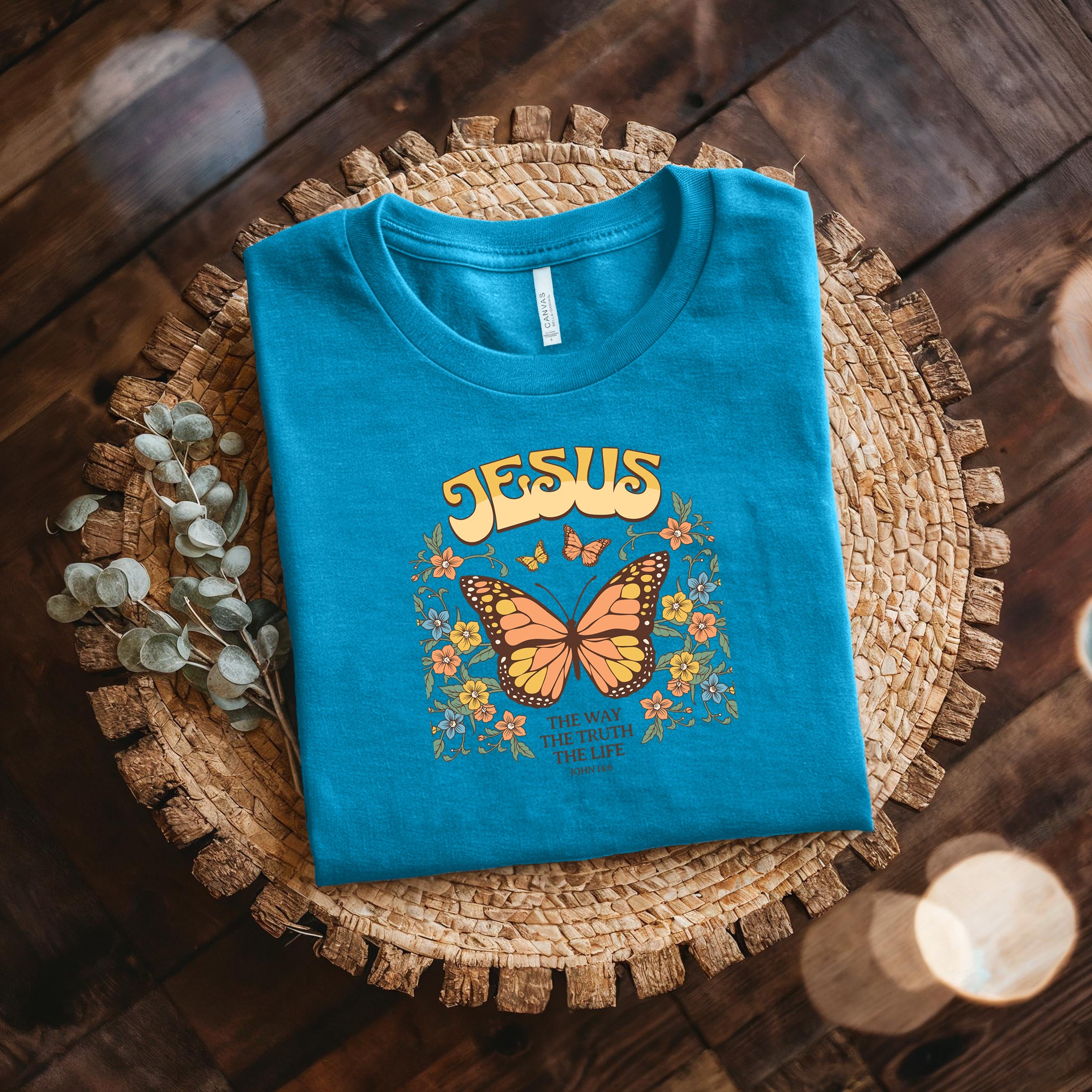 Jesus Butterfly Tee — "Jesus: The Way The Truth The Life" Christian Floral T‑Shirt Bella + Canvas 3001