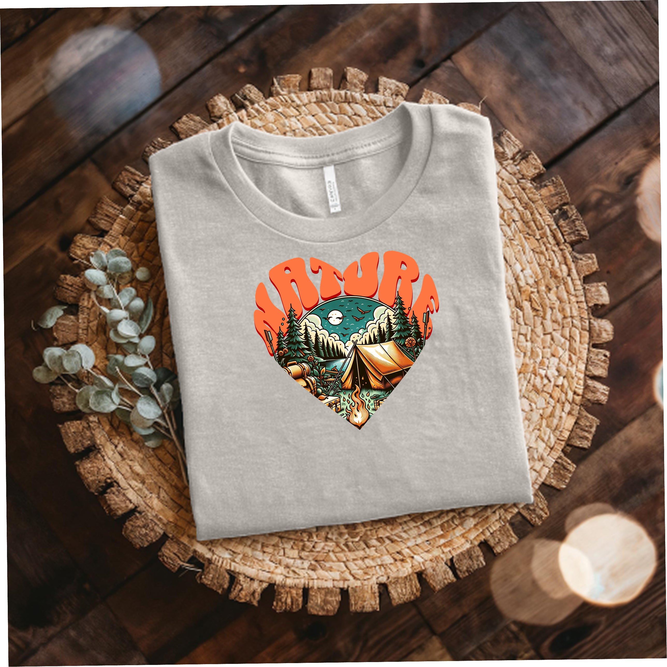 Adventure Heart Camping Tee — Retro Nature Campfire Graphic Shirt Bella + Canvas 3001