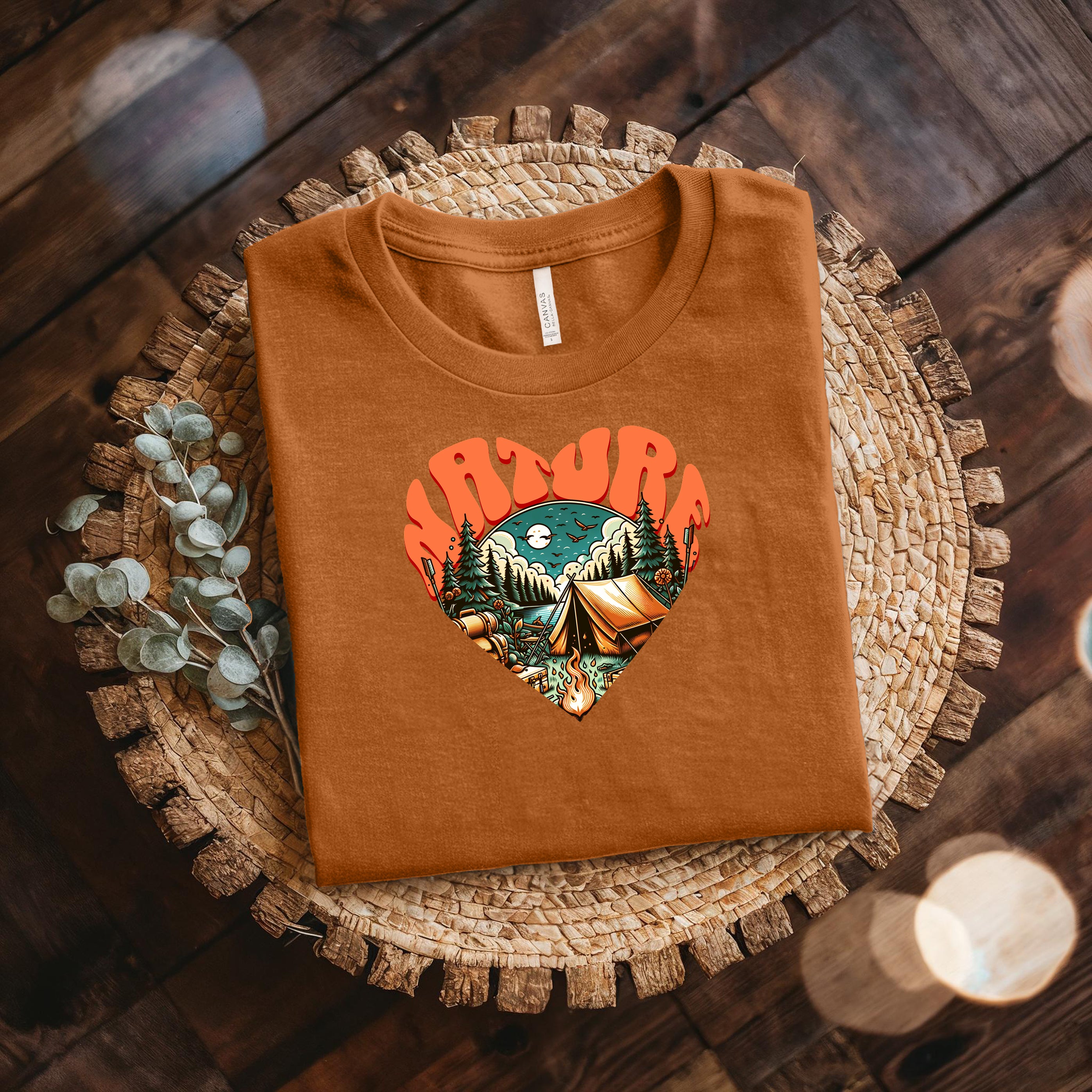 Adventure Heart Camping Tee — Retro Nature Campfire Graphic Shirt Bella + Canvas 3001