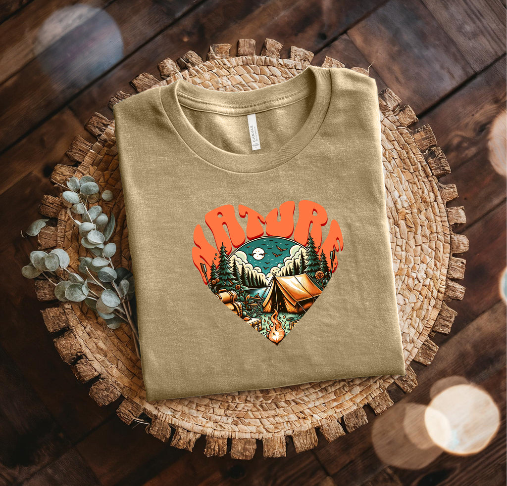 Adventure Heart Camping Tee — Retro Nature Campfire Graphic Shirt Bella + Canvas 3001