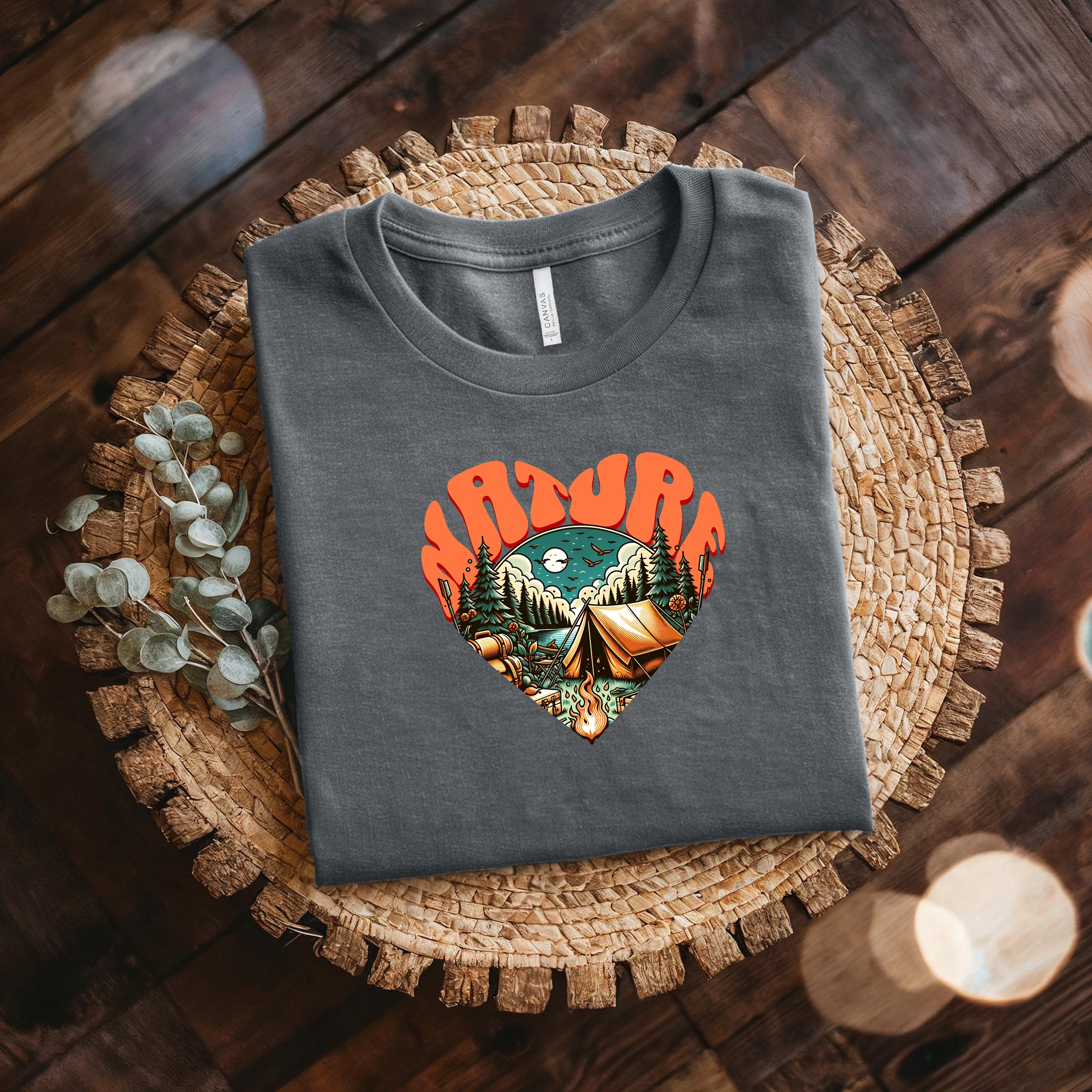 Adventure Heart Camping Tee — Retro Nature Campfire Graphic Shirt Bella + Canvas 3001