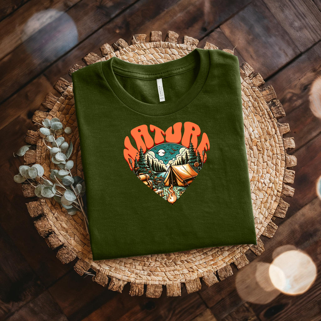 Adventure Heart Camping Tee — Retro Nature Campfire Graphic Shirt Bella + Canvas 3001