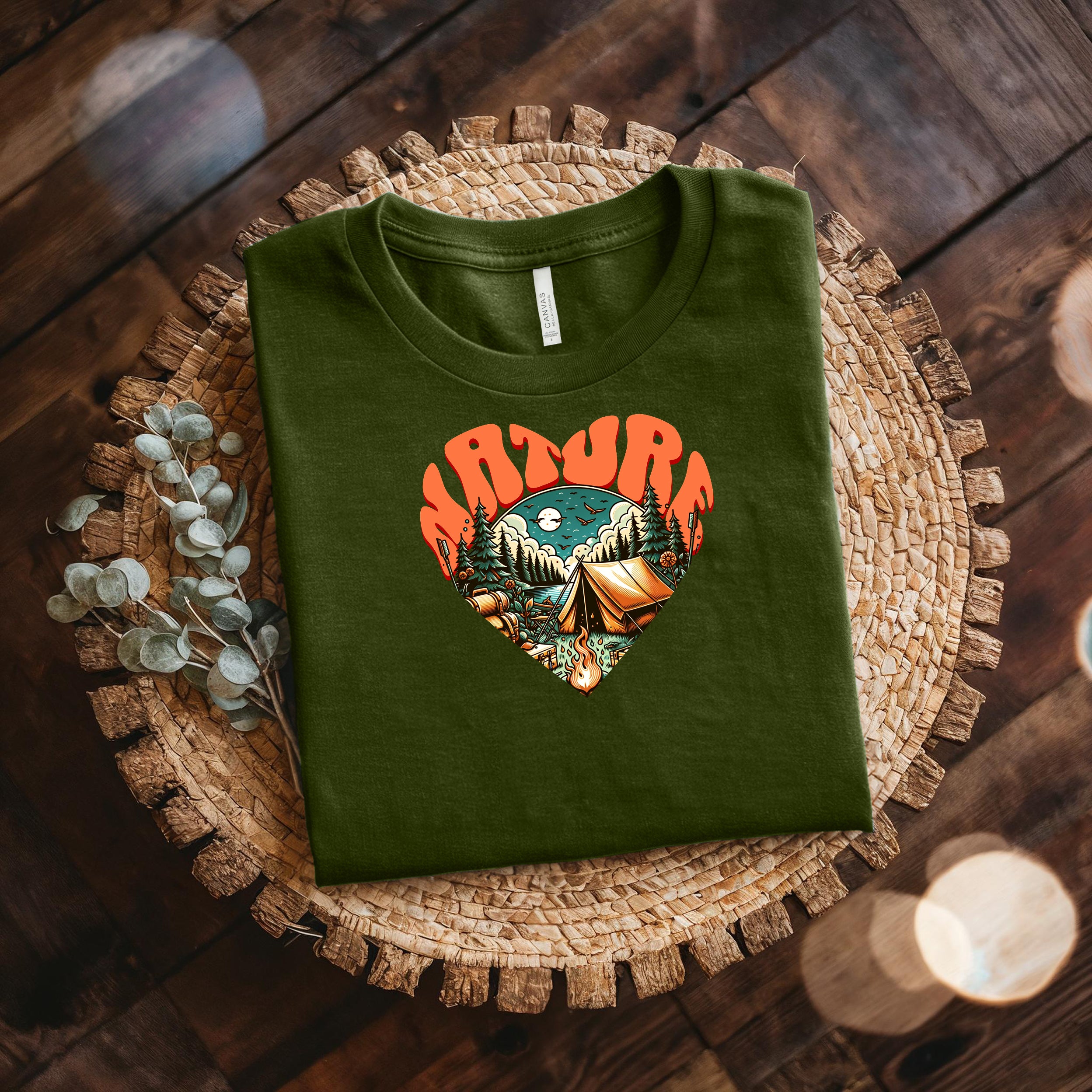 Adventure Heart Camping Tee — Retro Nature Campfire Graphic Shirt Bella + Canvas 3001