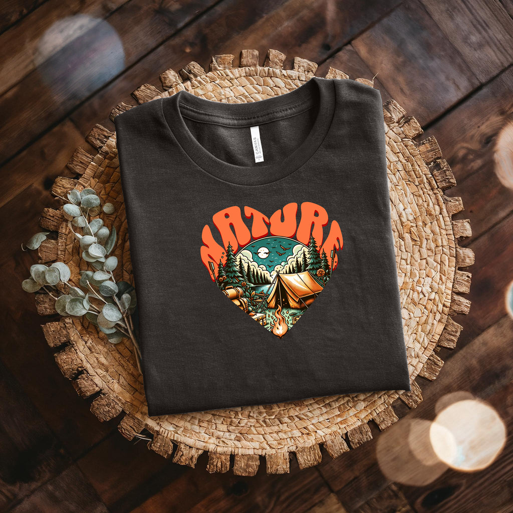 Adventure Heart Camping Tee — Retro Nature Campfire Graphic Shirt Bella + Canvas 3001