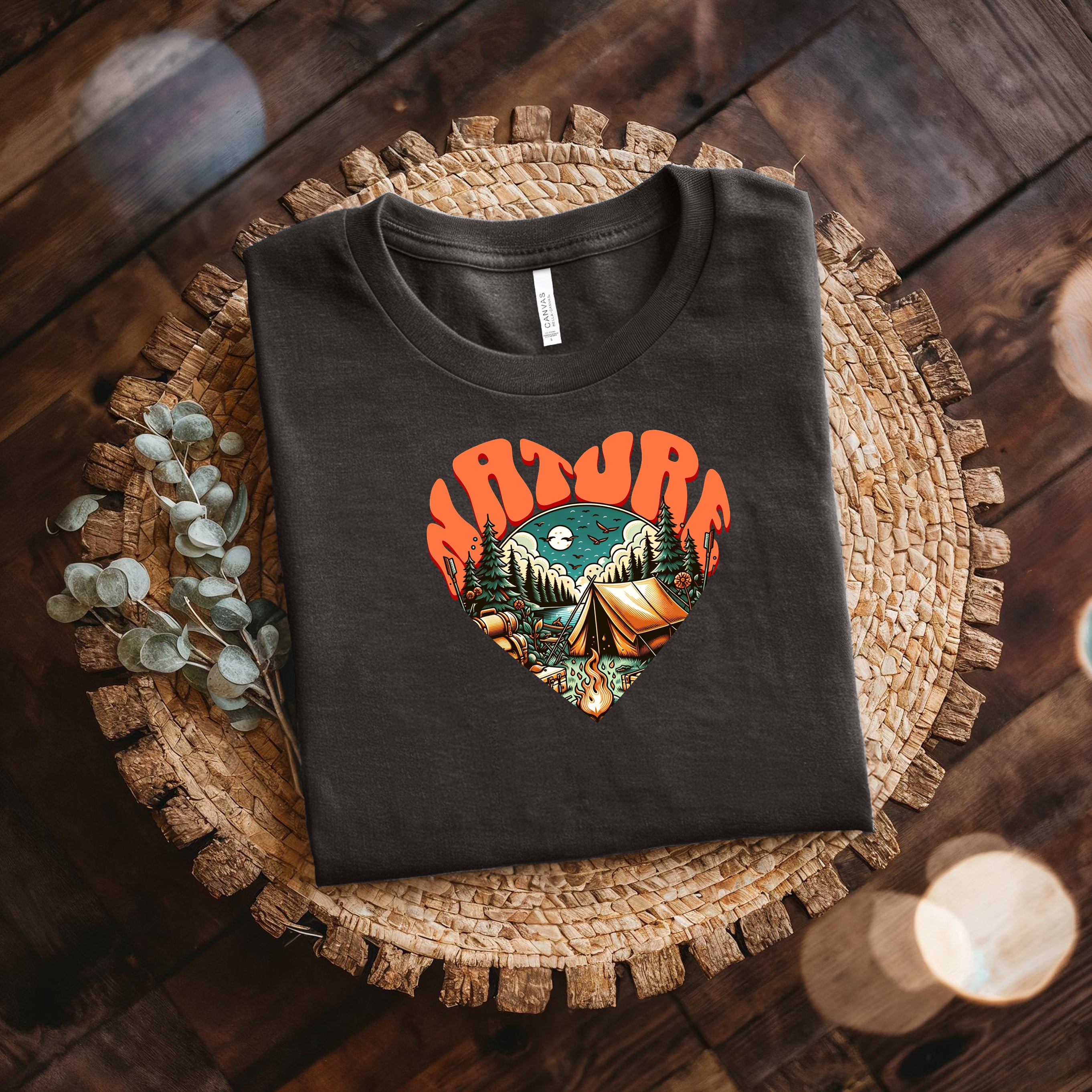 Adventure Heart Camping Tee — Retro Nature Campfire Graphic Shirt Bella + Canvas 3001