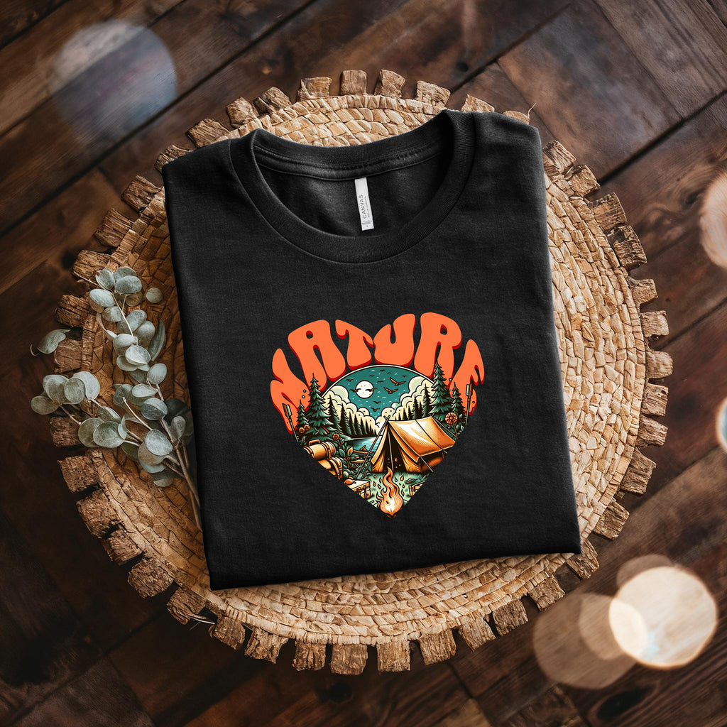 Adventure Heart Camping Tee — Retro Nature Campfire Graphic Shirt Bella + Canvas 3001