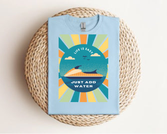 Beach Vibes T-Shirt — "Just Add Water" Surf Sunset Graphic Tee Wave Runnner, Gildan 64000