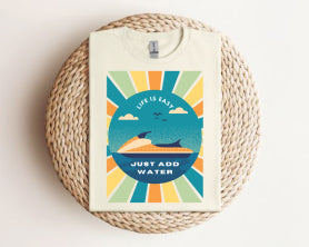 Beach Vibes T-Shirt — "Just Add Water" Surf Sunset Graphic Tee Wave Runnner, Gildan 64000