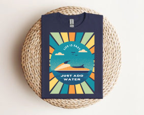 Beach Vibes T-Shirt — "Just Add Water" Surf Sunset Graphic Tee Wave Runnner, Gildan 64000