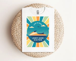 Beach Vibes T-Shirt — "Just Add Water" Surf Sunset Graphic Tee Wave Runnner, Gildan 64000