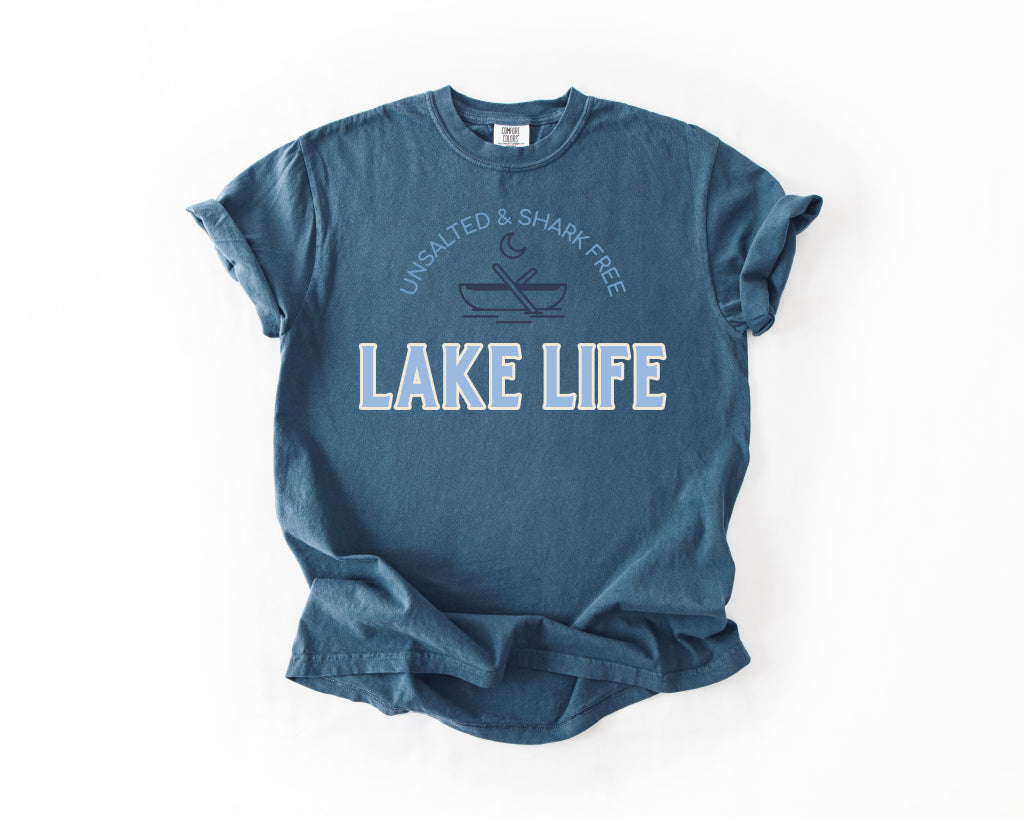 Lake Life T-Shirt — 'Unsalted & Shark Free' Canoe Graphic Comfort Colors 1717