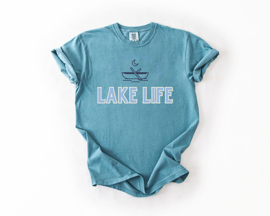 Lake Life T-Shirt — 'Unsalted & Shark Free' Canoe Graphic Comfort Colors 1717