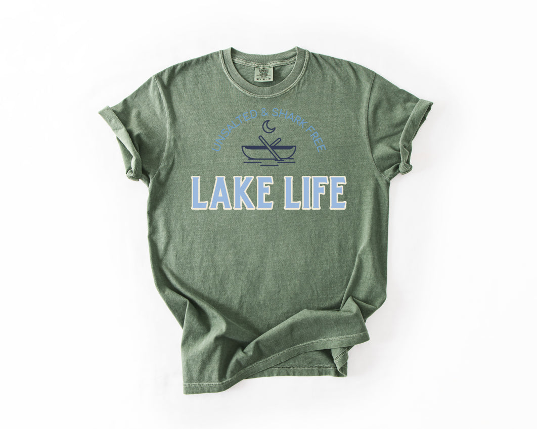 Lake Life T-Shirt — 'Unsalted & Shark Free' Canoe Graphic Comfort Colors 1717