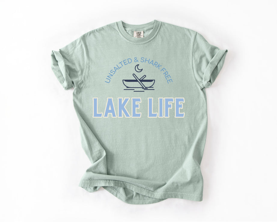 Lake Life T-Shirt — 'Unsalted & Shark Free' Canoe Graphic Comfort Colors 1717