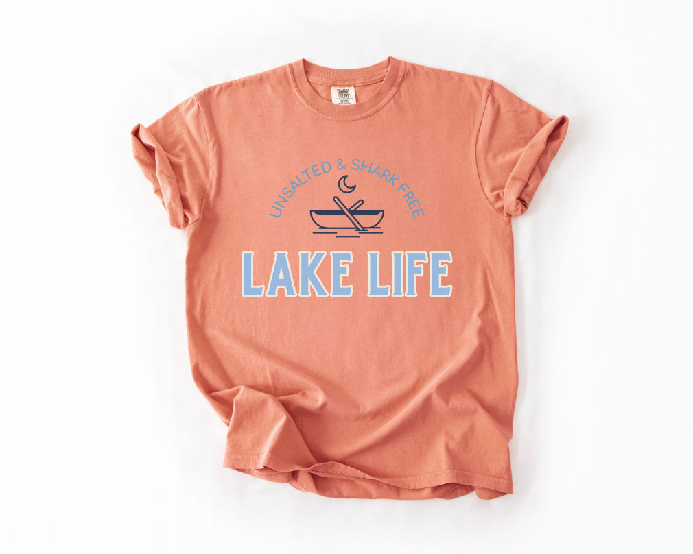 Lake Life T-Shirt — 'Unsalted & Shark Free' Canoe Graphic Comfort Colors 1717