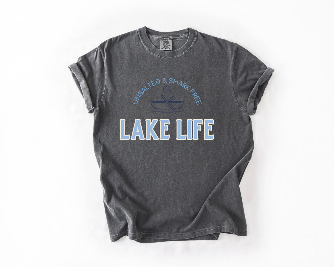 Lake Life T-Shirt — 'Unsalted & Shark Free' Canoe Graphic Comfort Colors 1717