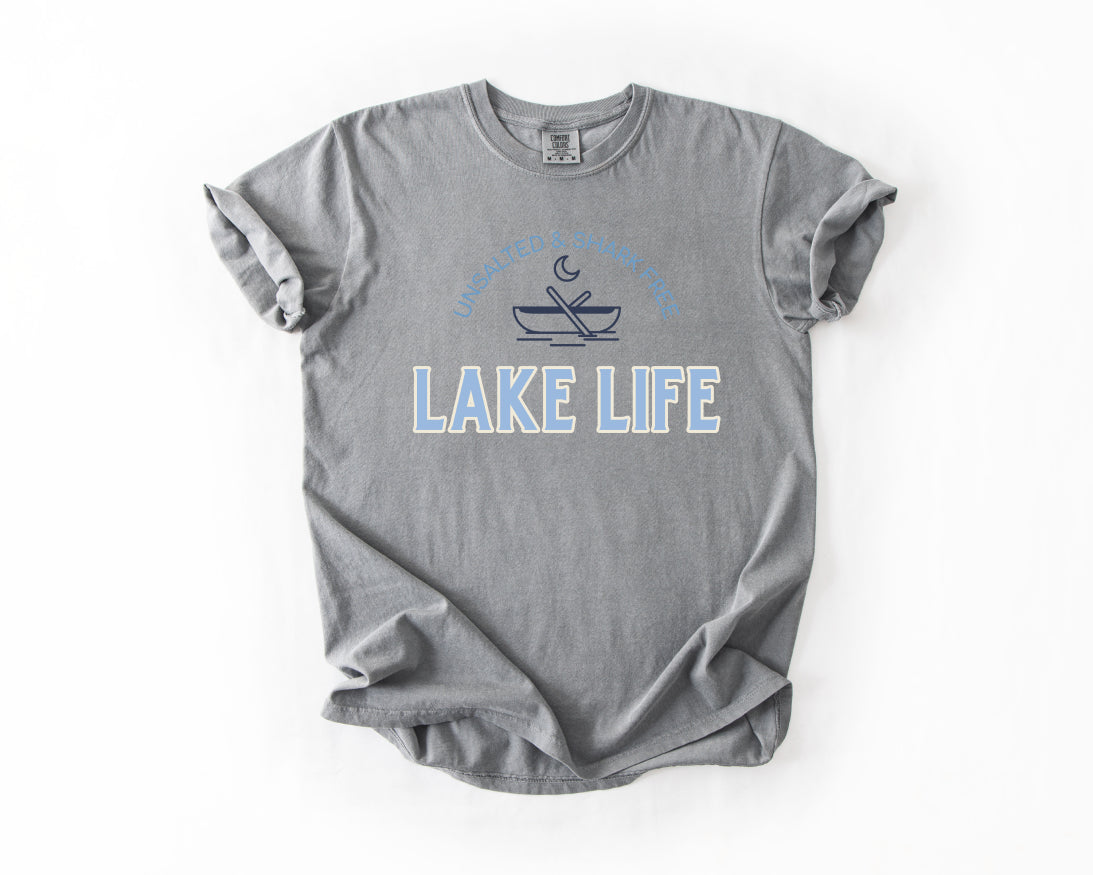 Lake Life T-Shirt — 'Unsalted & Shark Free' Canoe Graphic Comfort Colors 1717