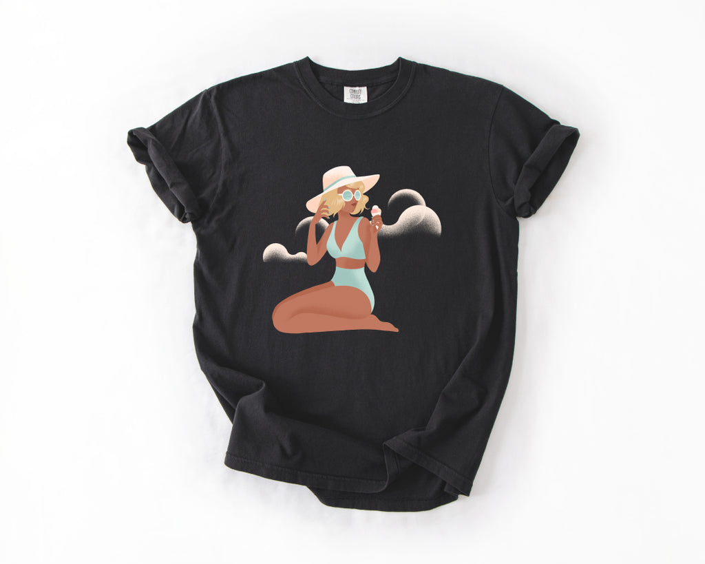 Beach Babe T‑Shirt — Sunhat & Sunglasses Girl Graphic Tee Comfort Colors 1717