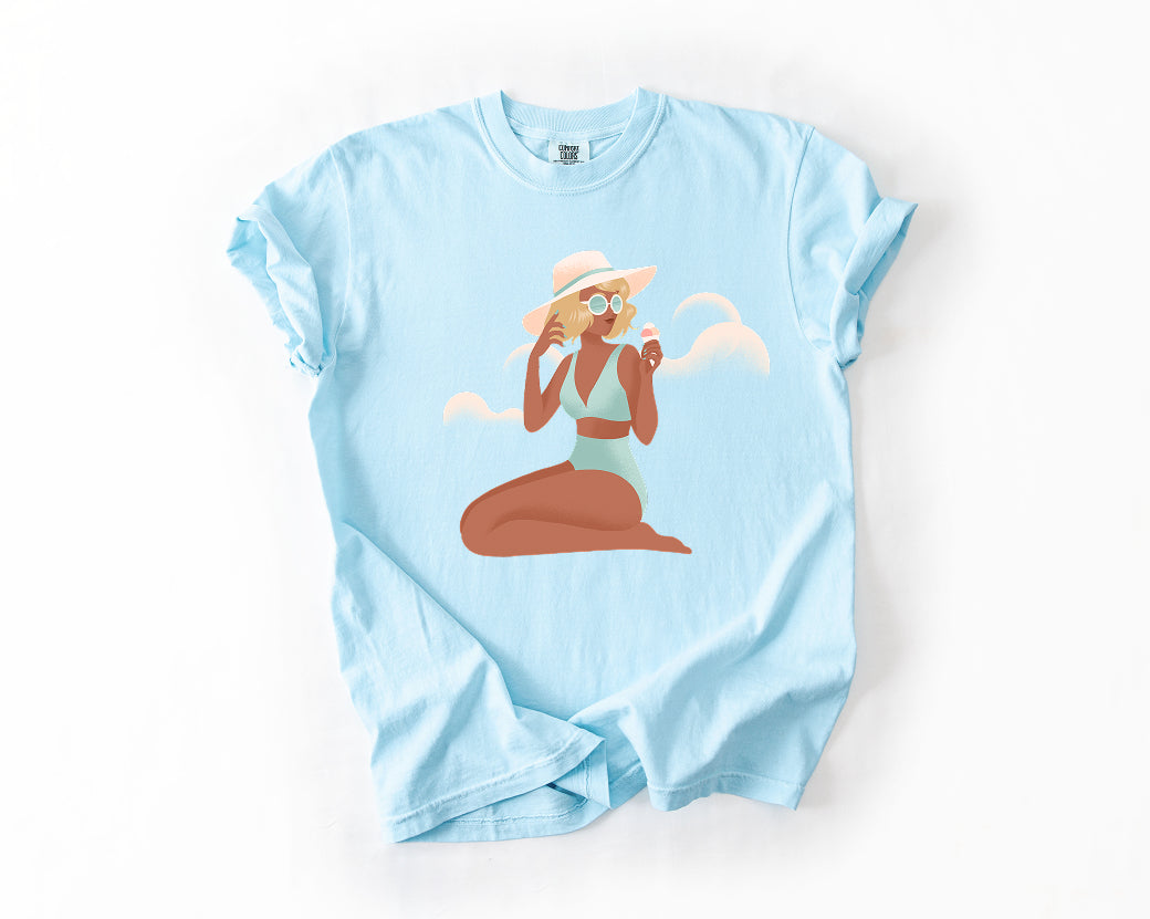 Beach Babe T‑Shirt — Sunhat & Sunglasses Girl Graphic Tee Comfort Colors 1717