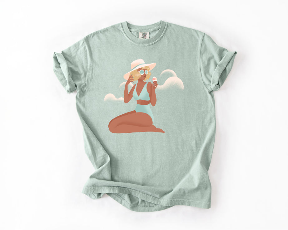 Beach Babe T‑Shirt — Sunhat & Sunglasses Girl Graphic Tee Comfort Colors 1717