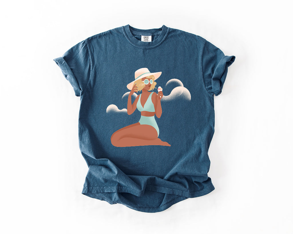 Beach Babe T‑Shirt — Sunhat & Sunglasses Girl Graphic Tee Comfort Colors 1717