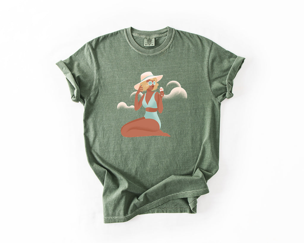 Beach Babe T‑Shirt — Sunhat & Sunglasses Girl Graphic Tee Comfort Colors 1717