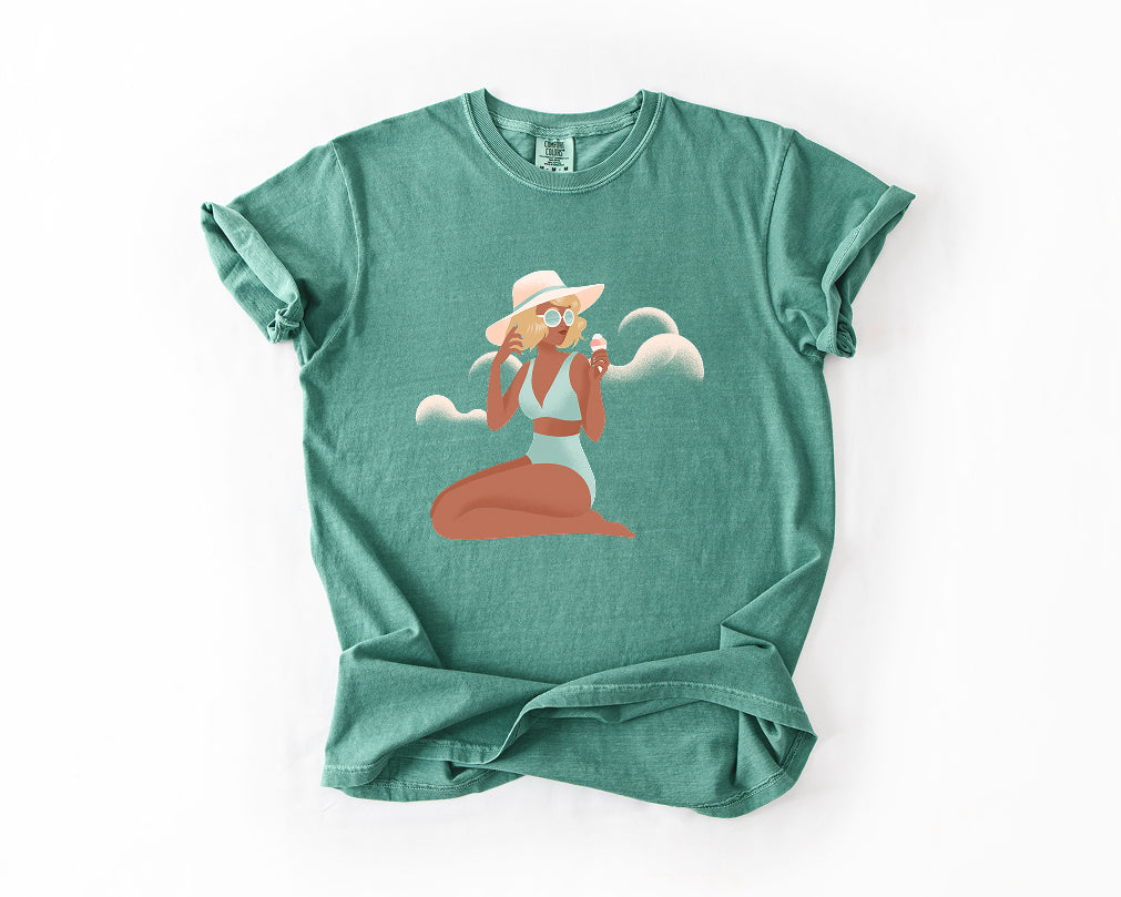 Beach Babe T‑Shirt — Sunhat & Sunglasses Girl Graphic Tee Comfort Colors 1717