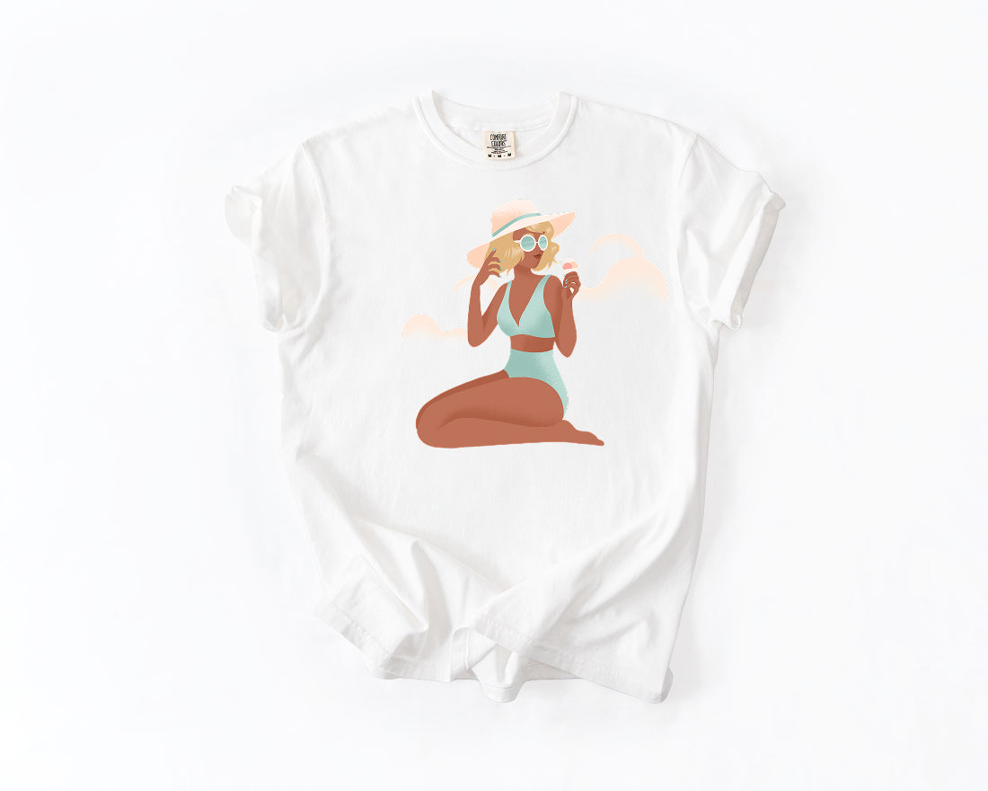 Beach Babe T‑Shirt — Sunhat & Sunglasses Girl Graphic Tee Comfort Colors 1717