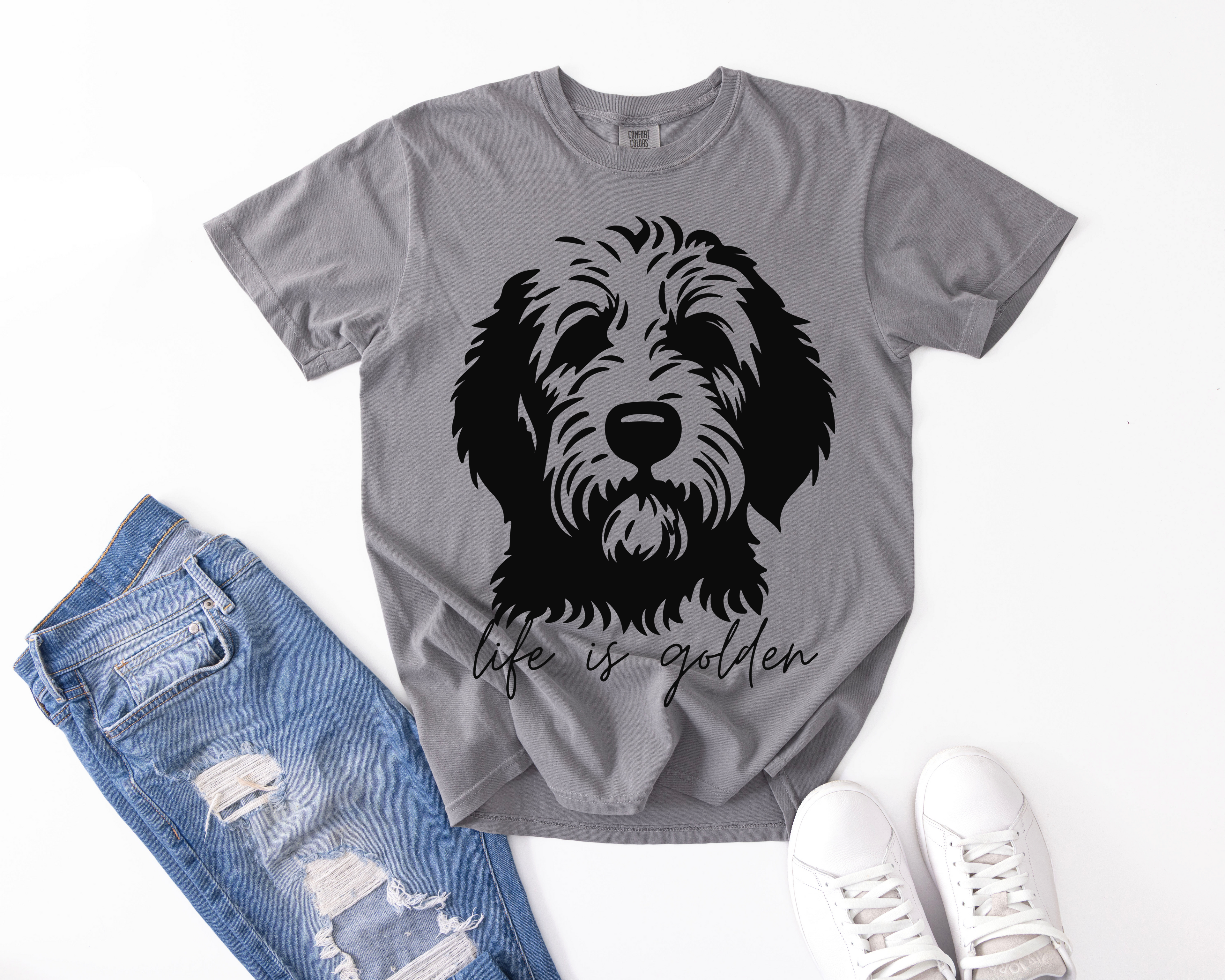 Dog Portrait T-Shirt — "Life is Golden" Goldendoodle- Minimalist-Comfort Colors 1717