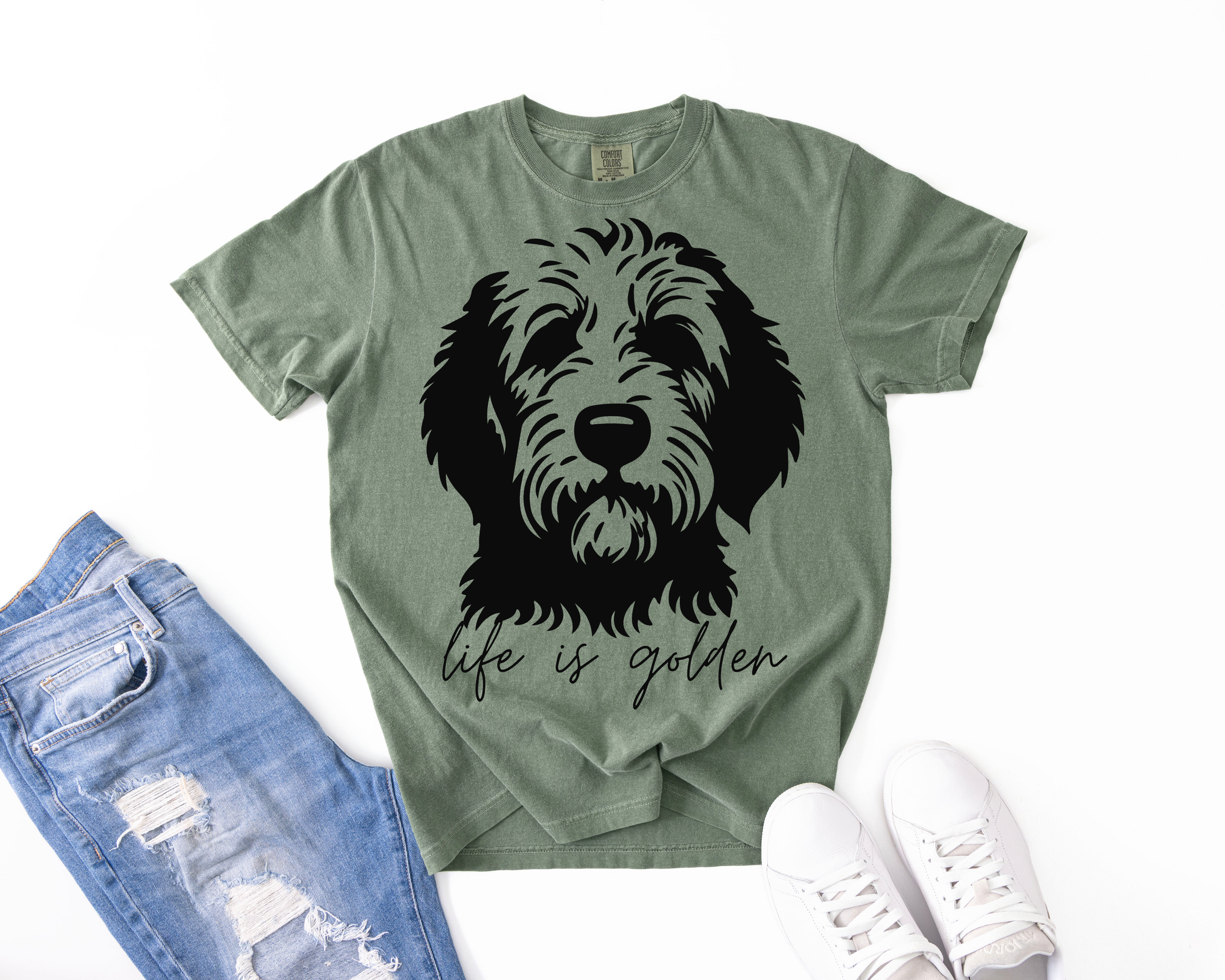 Dog Portrait T-Shirt — "Life is Golden" Goldendoodle- Minimalist-Comfort Colors 1717