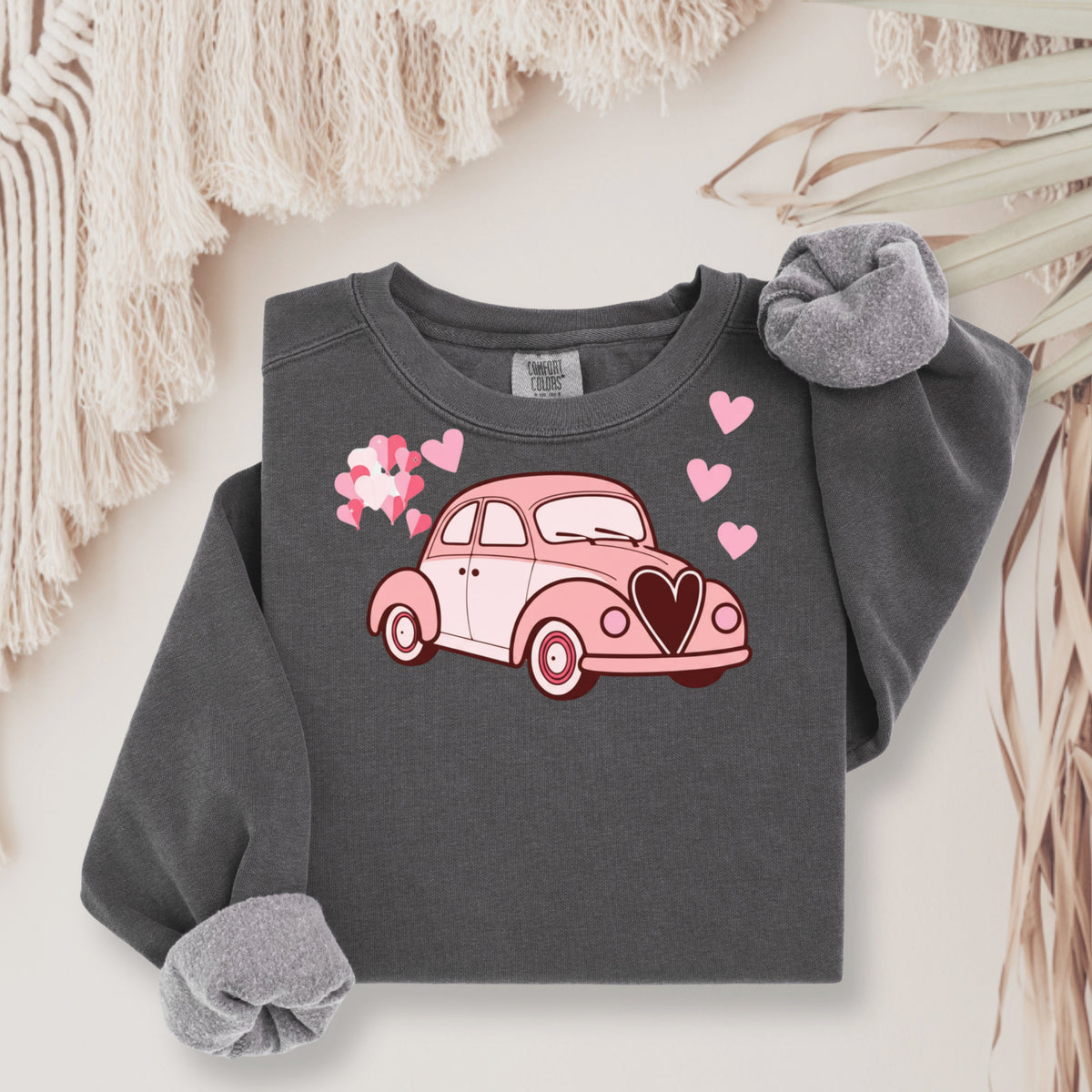 Pink Vintage Car Sweatshirt — Cute Heart VW Graphic Crewneck Comfort Colors