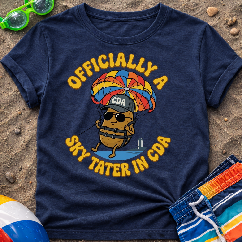 Navy blue t-shirt with a cartoon character and text on a sandy background