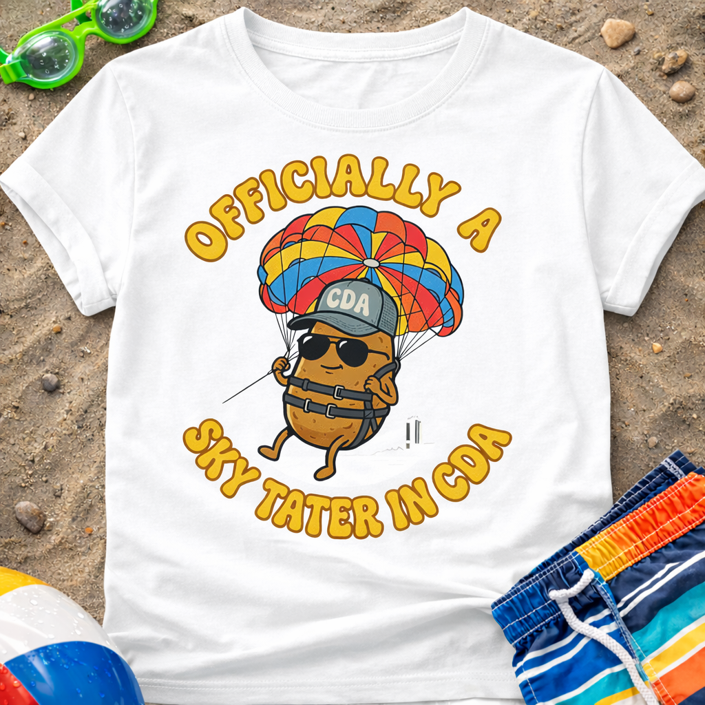 White t-shirt with a cartoon potato design and text on a sandy background