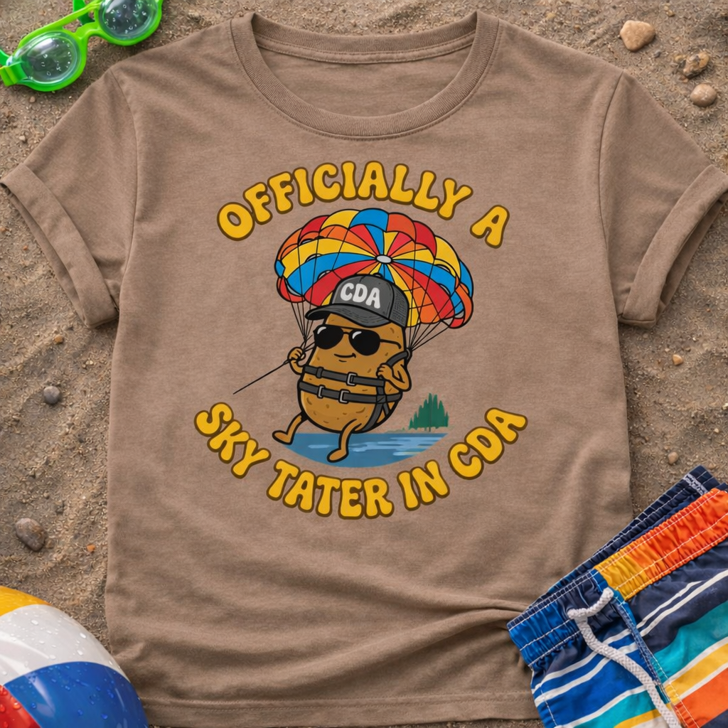 Brown t-shirt with a cartoon character and text on a sandy background