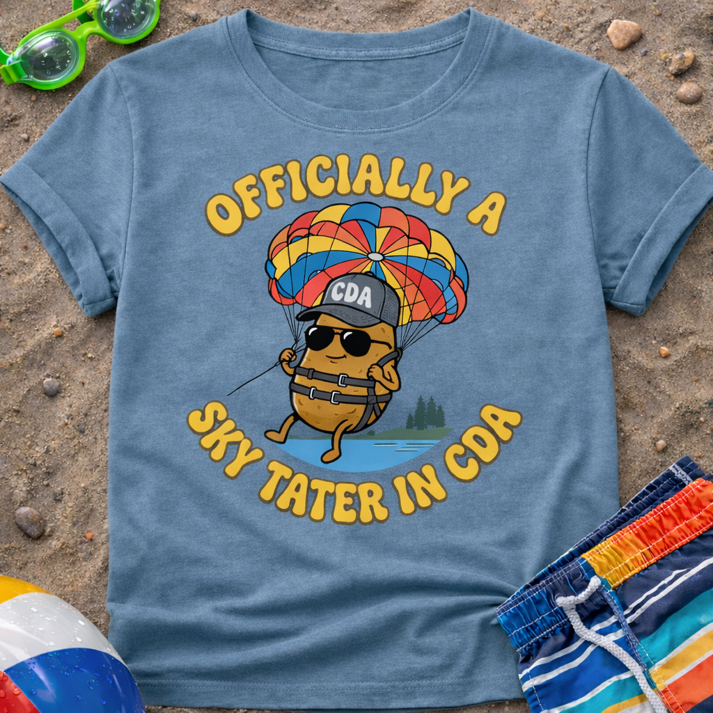 Blue t-shirt with a humorous design of a potato skydiving, surrounded by beach items on sand.