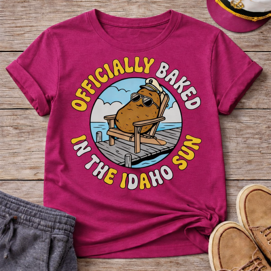Pink t-shirt with 'Officially Baked in the Idaho Sun' graphic on a wooden surface with shoes and shorts.